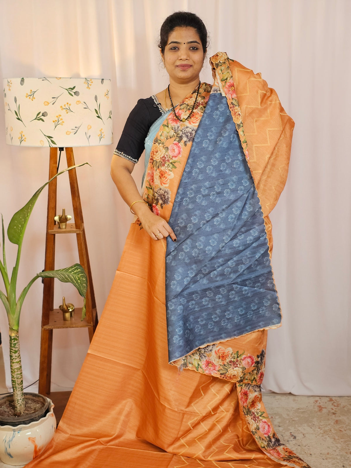 Casual Semi Tussar Floral Digital Prints - Orange