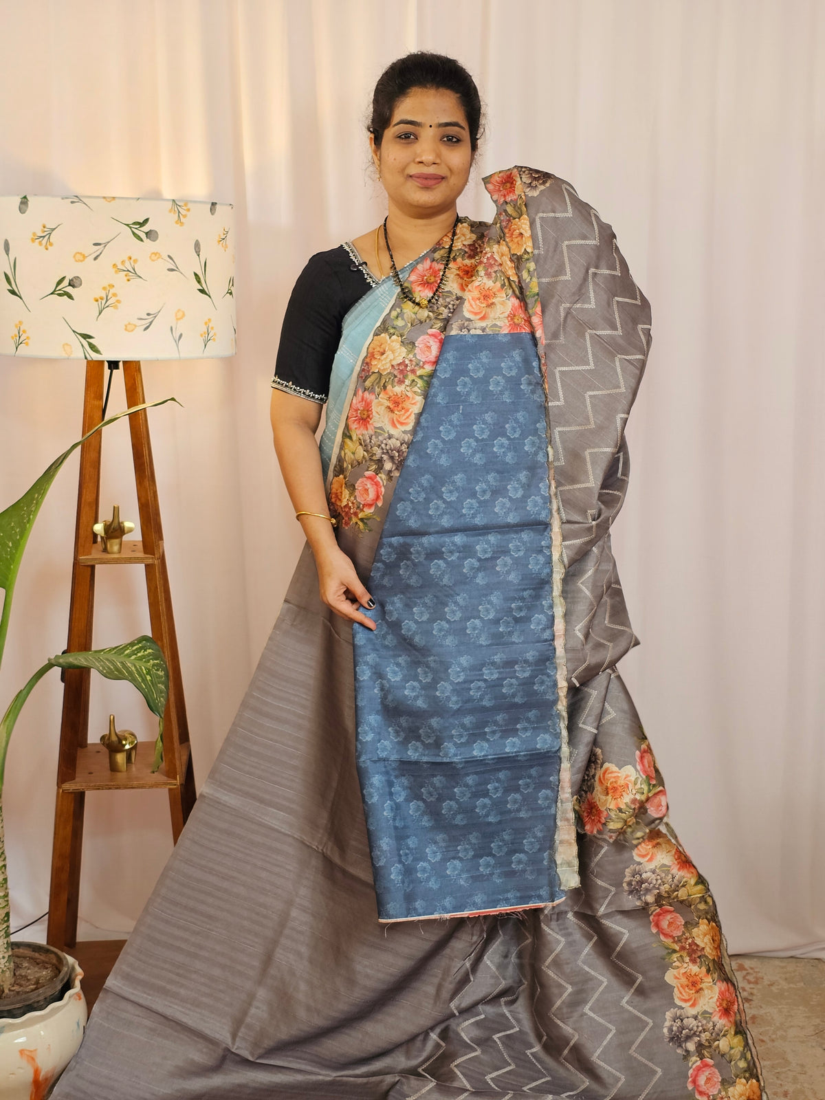 Casual Semi Tussar Floral Digital Prints - Grey