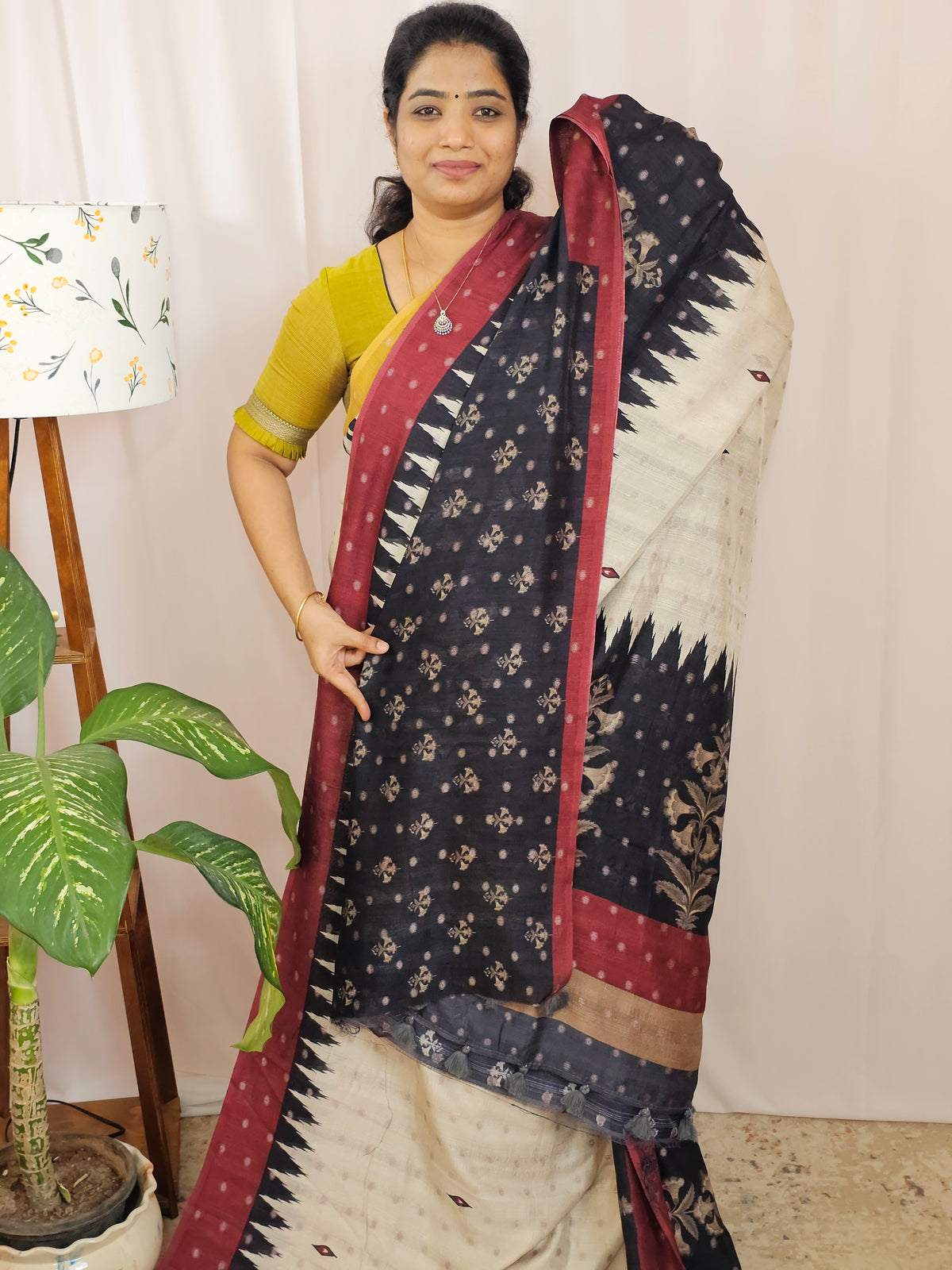 Soft Feather Lite Tussar Saree - Cream cum Black with Maroon