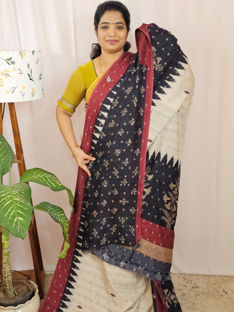 Soft Feather Lite Tussar Saree - Cream cum Black with Maroon