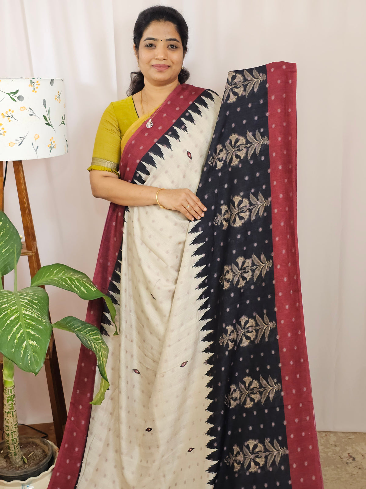 Soft Feather Lite Tussar Saree - Cream cum Black with Maroon