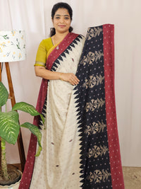 Soft Feather Lite Tussar Saree - Cream cum Black with Maroon