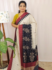 Soft Feather Lite Tussar Saree - Cream cum Black with Maroon