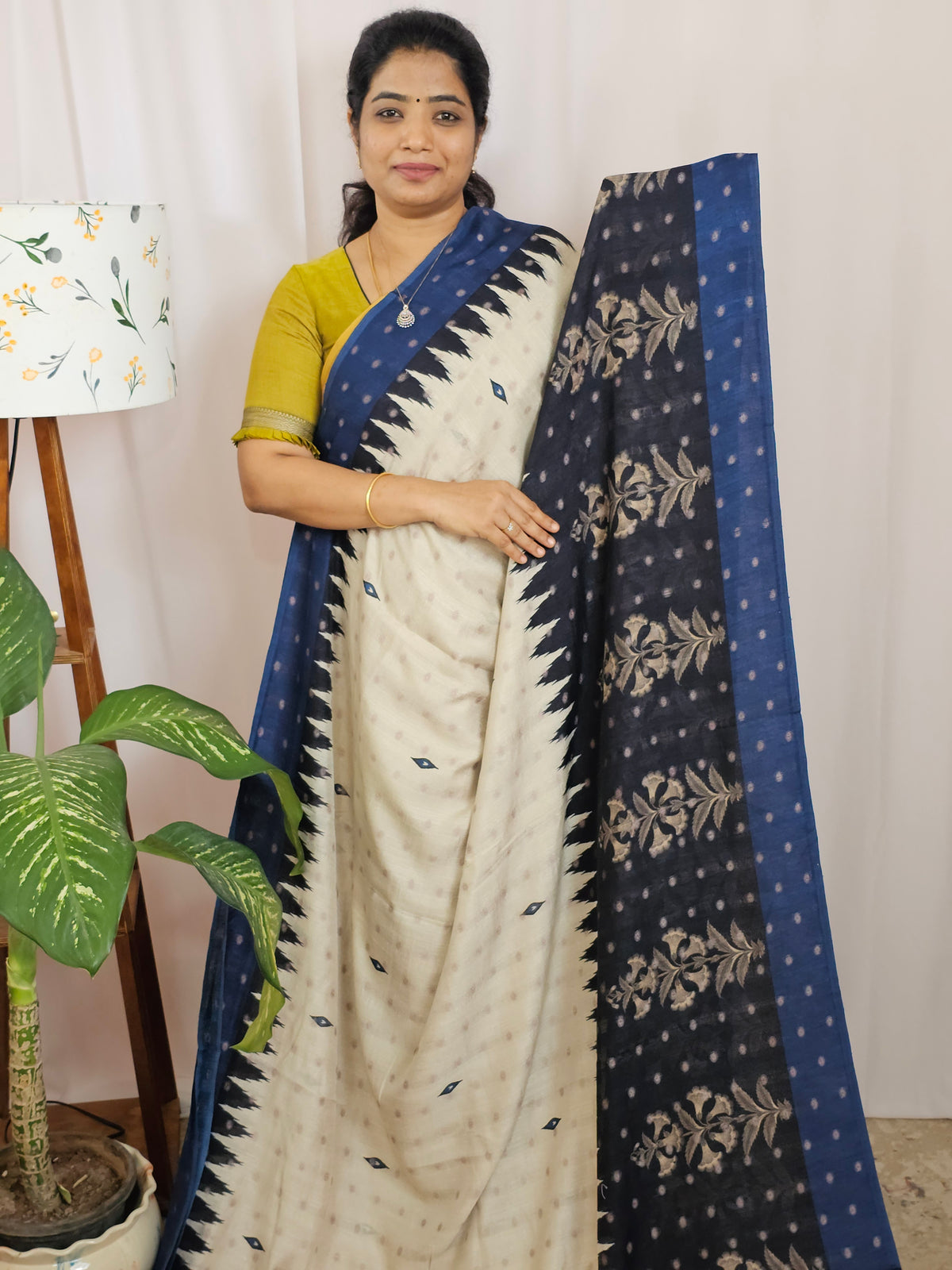 Soft Feather Lite Tussar Saree - Cream cum Black with Blue