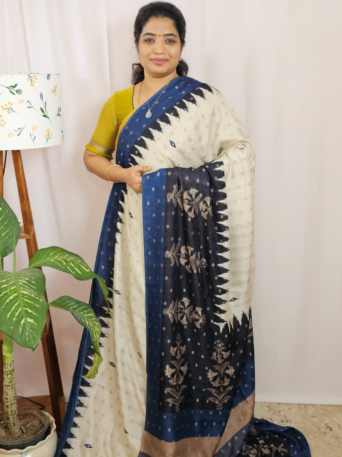 Soft Feather Lite Tussar Saree - Cream cum Black with Blue