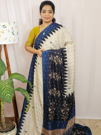 Soft Feather Lite Tussar Saree - Cream cum Black with Blue