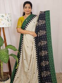 Soft Feather Lite Tussar Saree - Cream cum Black with Green
