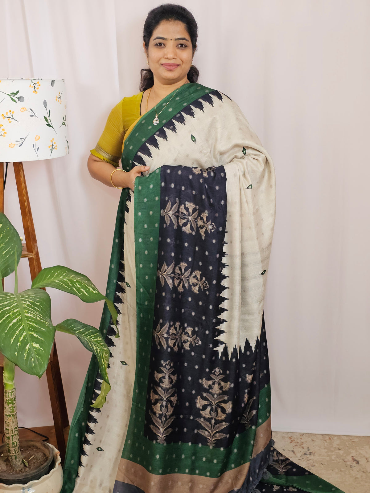 Soft Feather Lite Tussar Saree - Cream cum Black with Green