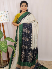 Soft Feather Lite Tussar Saree - Cream cum Black with Green