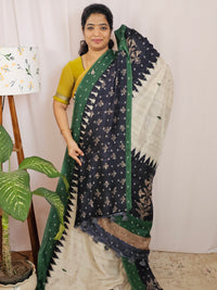 Soft Feather Lite Tussar Saree - Cream cum Black with Green
