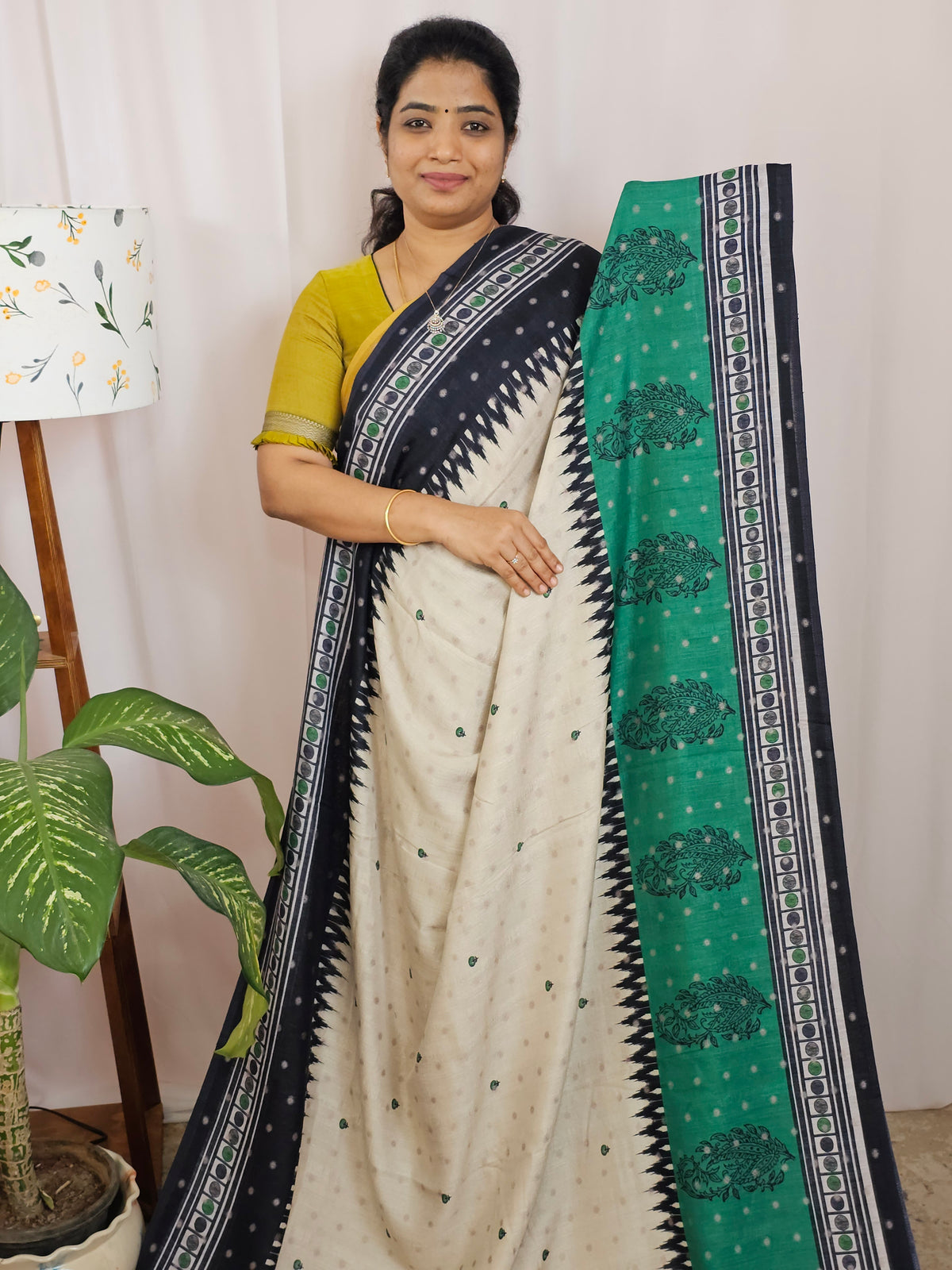 Soft Feather Lite Tussar Saree - Cream cum Black with Green