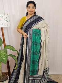 Soft Feather Lite Tussar Saree - Cream cum Black with Green
