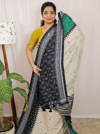 Soft Feather Lite Tussar Saree - Cream cum Black with Green