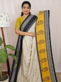 Soft Feather Lite Tussar Saree - Cream cum Black with Mustard Yellow