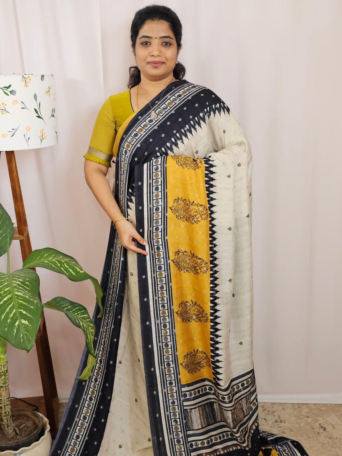 Soft Feather Lite Tussar Saree - Cream cum Black with Mustard Yellow