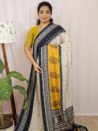 Soft Feather Lite Tussar Saree - Cream cum Black with Mustard Yellow