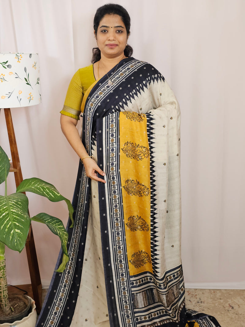 Soft Feather Lite Tussar Saree - Cream cum Black with Mustard Yellow