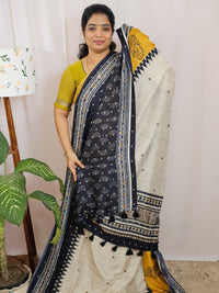 Soft Feather Lite Tussar Saree - Cream cum Black with Mustard Yellow