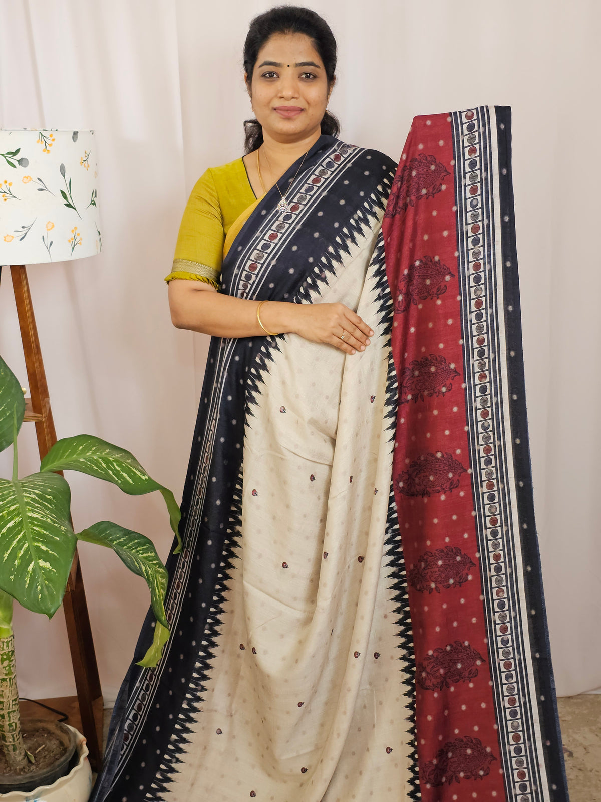 Soft Feather Lite Tussar Saree - Cream cum Black with Maroon