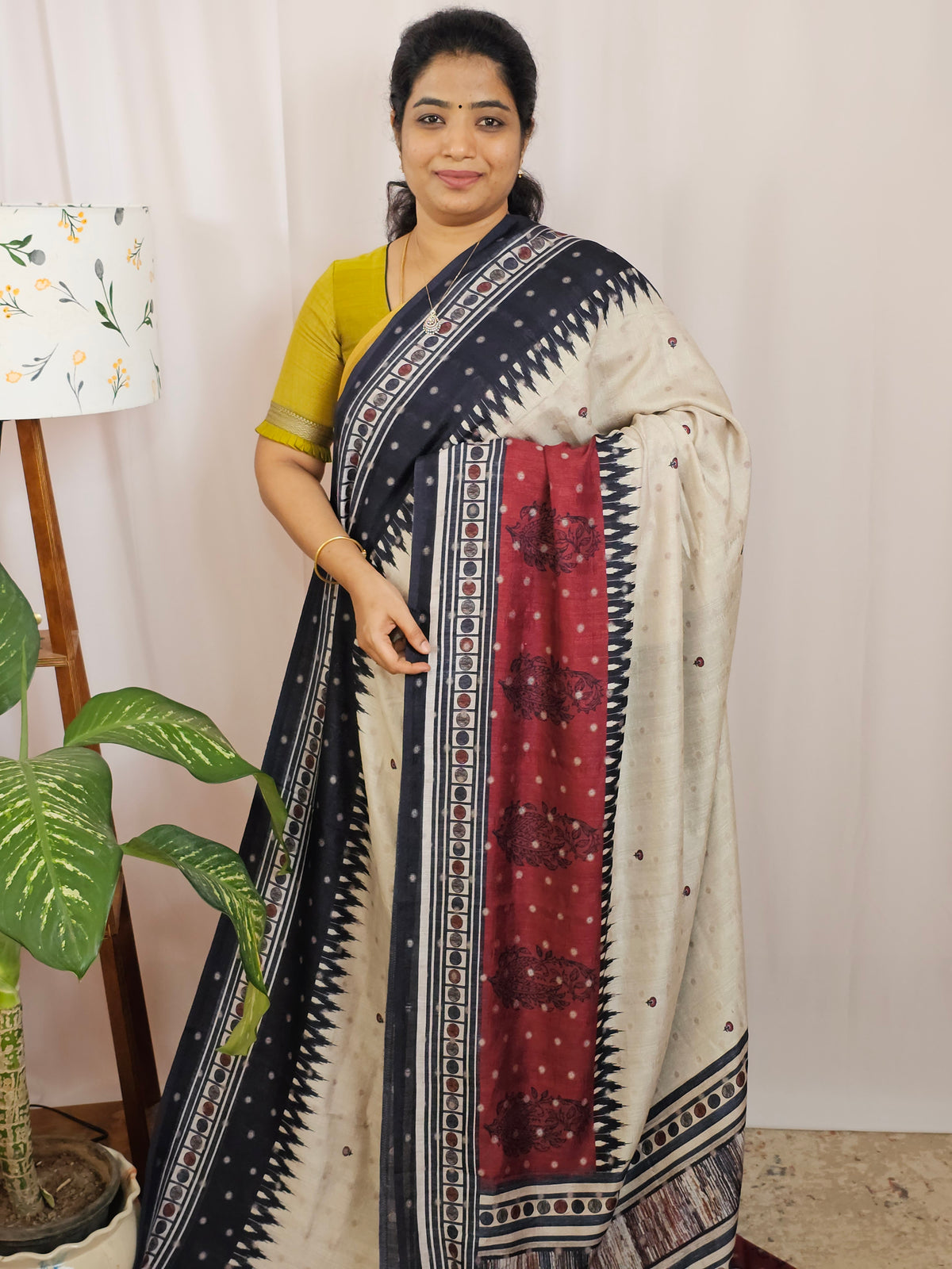 Soft Feather Lite Tussar Saree - Cream cum Black with Maroon