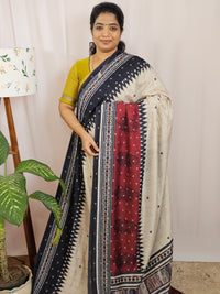 Soft Feather Lite Tussar Saree - Cream cum Black with Maroon