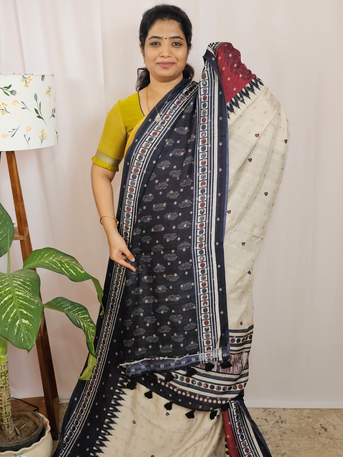 Soft Feather Lite Tussar Saree - Cream cum Black with Maroon