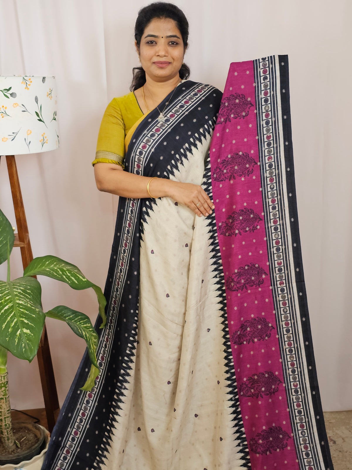 Soft Feather Lite Tussar Saree - Cream cum Black with Pink