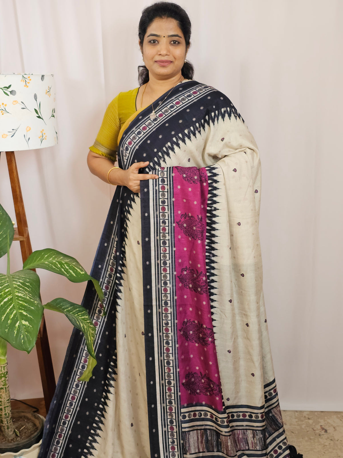 Soft Feather Lite Tussar Saree - Cream cum Black with Pink