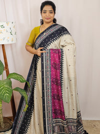 Soft Feather Lite Tussar Saree - Cream cum Black with Pink