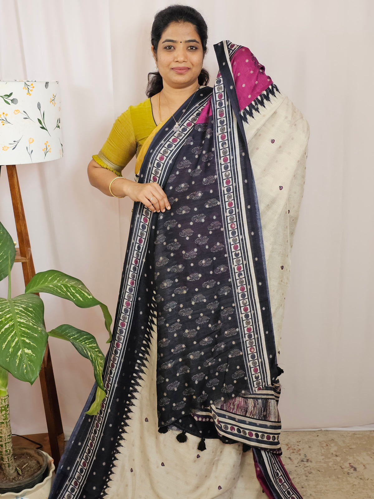 Soft Feather Lite Tussar Saree - Cream cum Black with Pink
