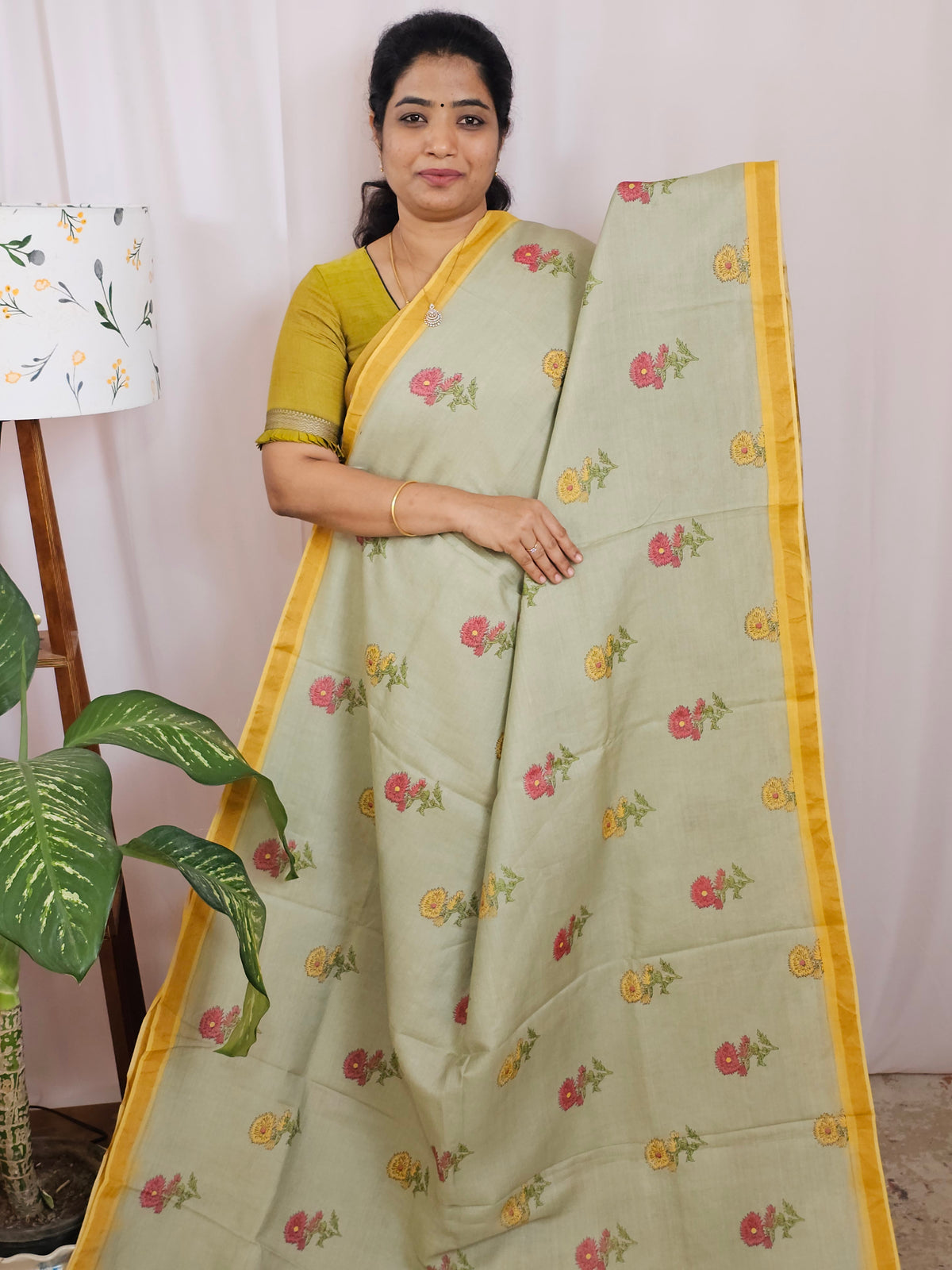 Premium Soft Tussar by Cotton with Digital Prints - Pastel Green with Mustard Yellow