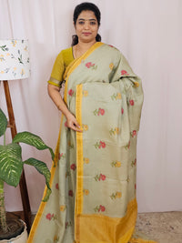 Premium Soft Tussar by Cotton with Digital Prints - Pastel Green with Mustard Yellow