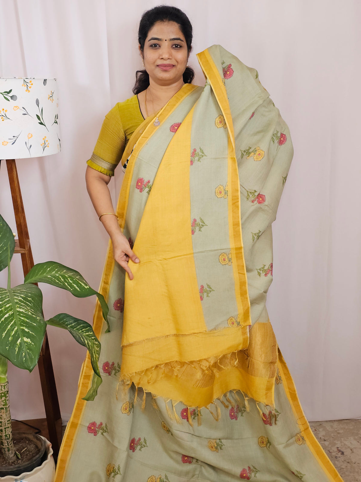 Premium Soft Tussar by Cotton with Digital Prints - Pastel Green with Mustard Yellow