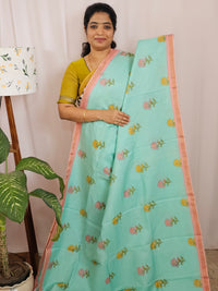 Premium Soft Tussar by Cotton with Digital Prints - Sea Blue with Peach