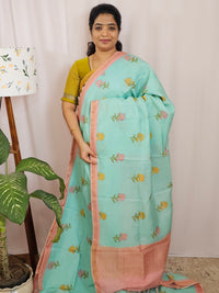 Premium Soft Tussar by Cotton with Digital Prints - Sea Blue with Peach