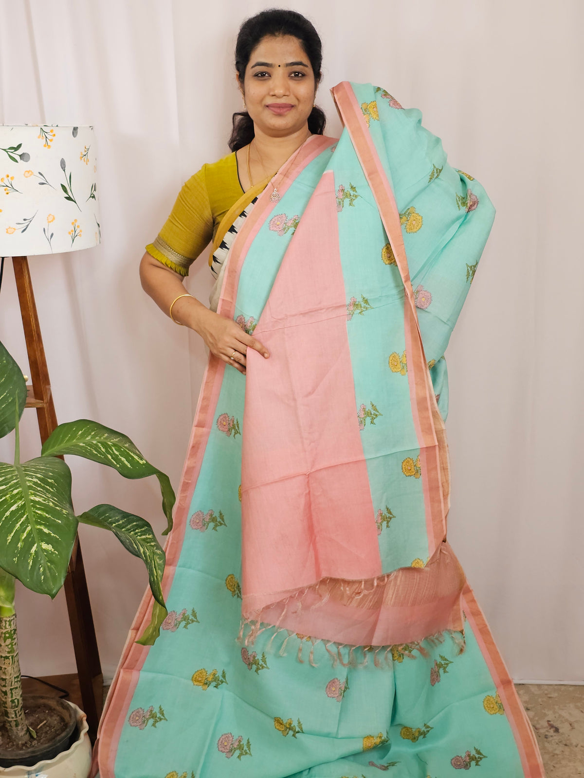 Premium Soft Tussar by Cotton with Digital Prints - Sea Blue with Peach