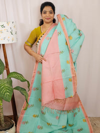 Premium Soft Tussar by Cotton with Digital Prints - Sea Blue with Peach