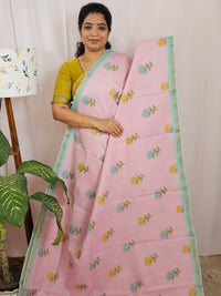 Premium Soft Tussar by Cotton with Digital Prints - Pink with Sea Blue