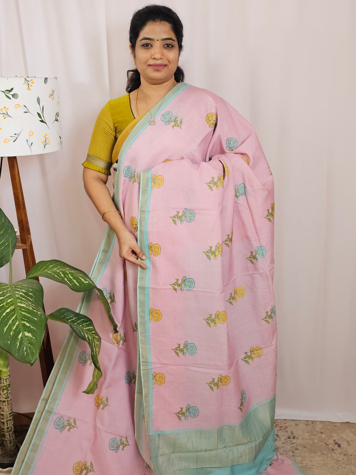 Premium Soft Tussar by Cotton with Digital Prints - Pink with Sea Blue