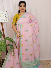 Premium Soft Tussar by Cotton with Digital Prints - Pink with Sea Blue