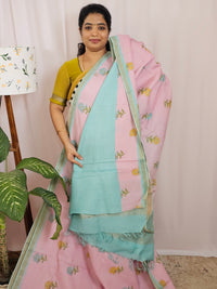 Premium Soft Tussar by Cotton with Digital Prints - Pink with Sea Blue