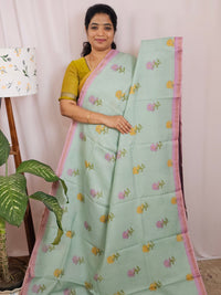 Premium Soft Tussar by Cotton with Digital Prints - Sea Green with Pink