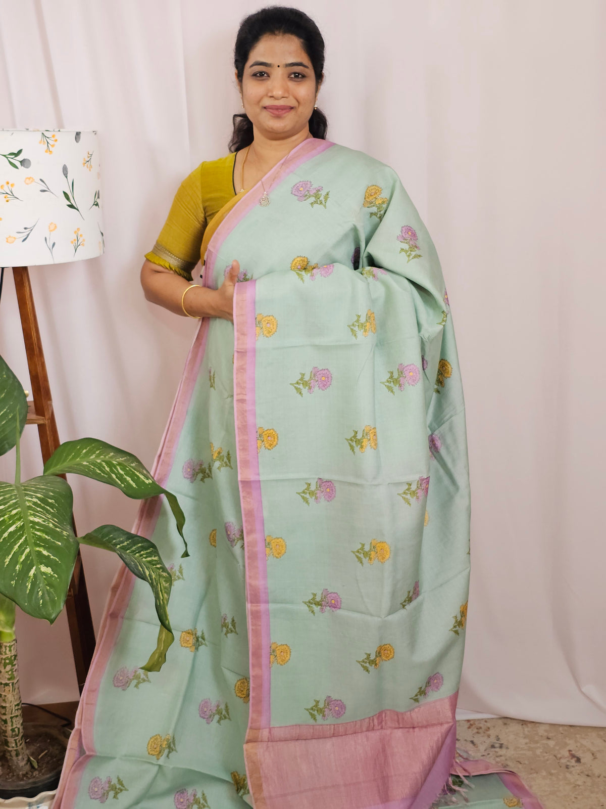 Premium Soft Tussar by Cotton with Digital Prints - Sea Green with Pink