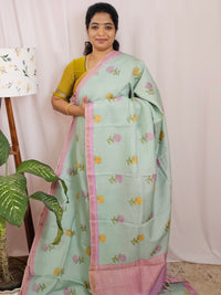 Premium Soft Tussar by Cotton with Digital Prints - Sea Green with Pink
