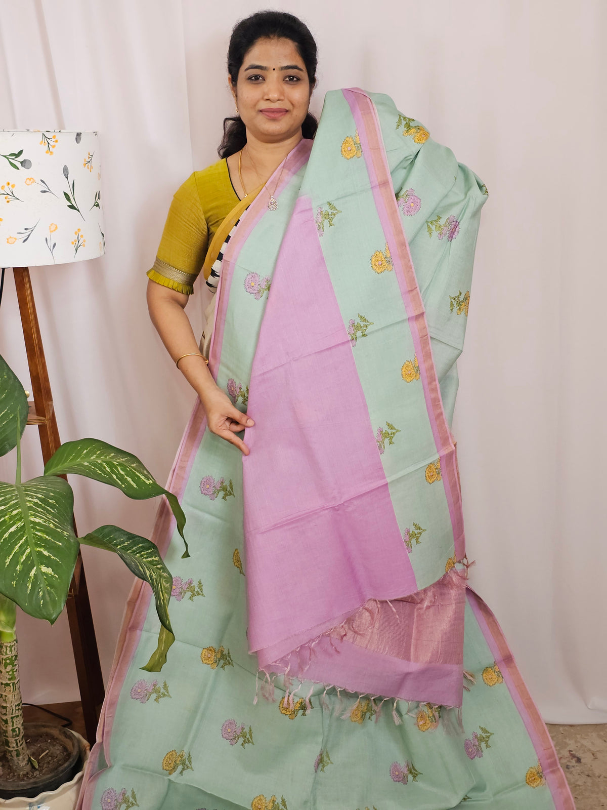 Premium Soft Tussar by Cotton with Digital Prints - Sea Green with Pink