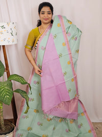Premium Soft Tussar by Cotton with Digital Prints - Sea Green with Pink