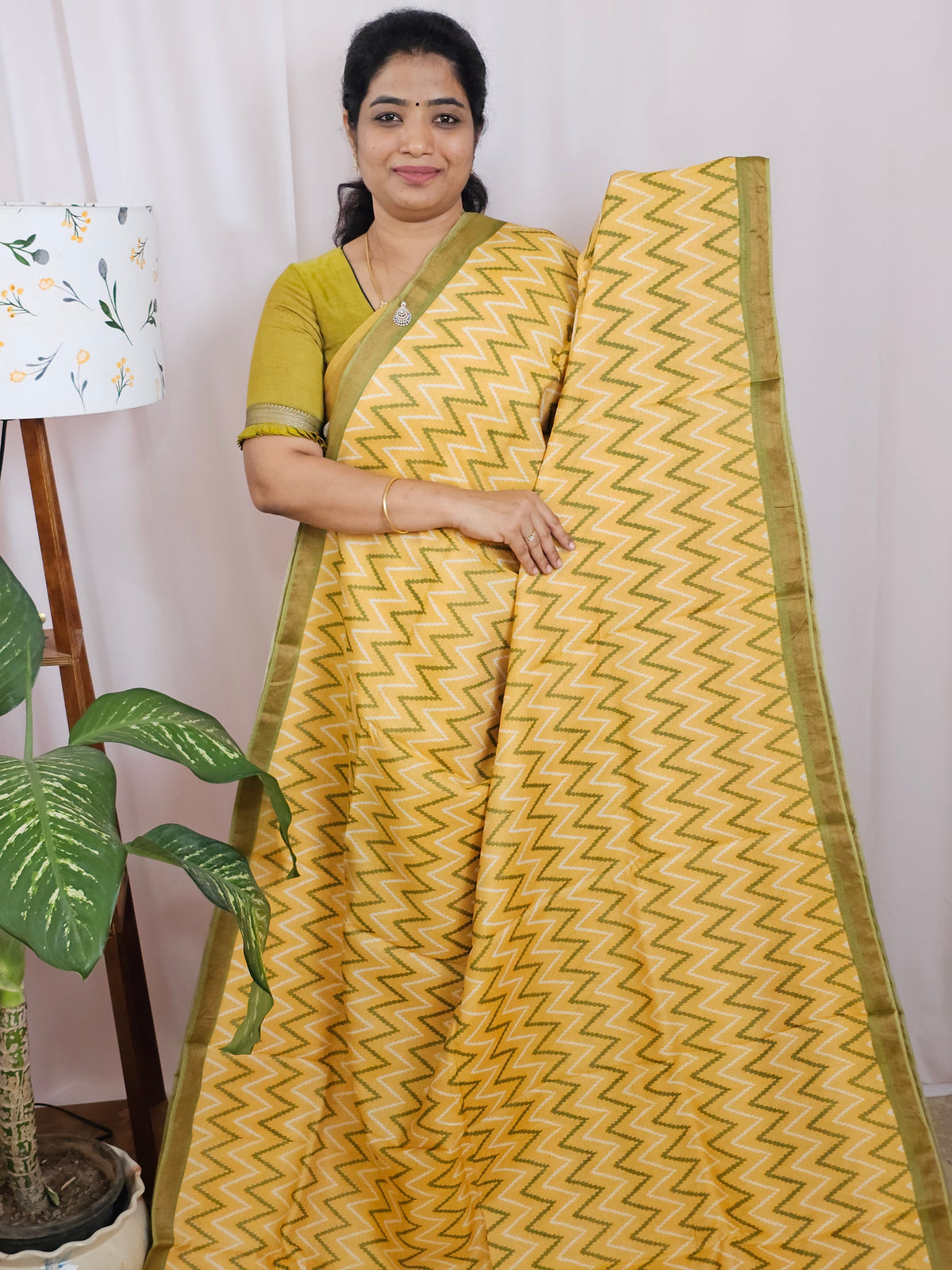 Premium Soft Tussar by Cotton with Digital Prints - Yellow with Green