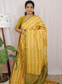Premium Soft Tussar by Cotton with Digital Prints - Yellow with Green