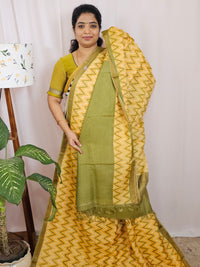 Premium Soft Tussar by Cotton with Digital Prints - Yellow with Green