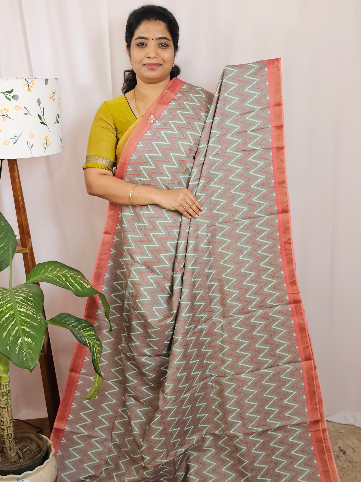 Premium Soft Tussar by Cotton with Digital Prints - Dark Grey wiyh Peach